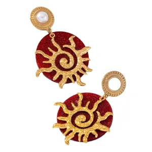 Boucles d'oreilles soleil spirale or style rétro, disque pailleté rouge étincelant, bijoux de soirée femme