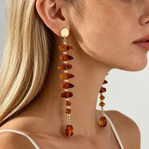 French Retro Maillard Irregular Teardrop Beaded Long Stud Earrings For Women Acrylic Alloy Gold Brown Tassel Drop Earrings Jewelry Accessories