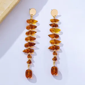 French vintage amber resin bead long dangle earrings, elegant geometric drop earrings for women.