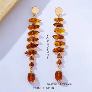 French vintage Maillard style irregular amber beaded long drop earrings elegant women jewelry