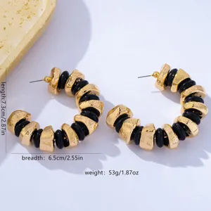 French retro textured metal black bead spliced hoop earrings, exaggerated C-shaped design.