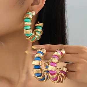 French retro irregular textured metal colorful bead hoop earrings fine detail showcase