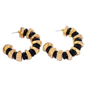 French retro textured metal black bead hoop earrings, exaggerated C-shaped statement jewelry.