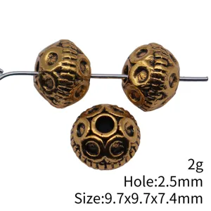 Vintage gold metal beads with round ring texture, size 9.7x9.7x7.4mm, 2.5mm hole.