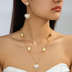 French Retro Heart Artificial Pearl Alloy Jewelry Set With Double Layer Irregular Metal Beads Necklace Drop Earrings For Women Jewelry Gift Box