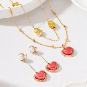 French vintage sweet heart necklace and earrings set double layer gold jewelry accessories