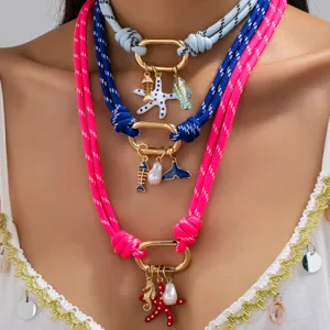 Colorful Rope Ocean Beach Starfish Seahorse Enamel Multi Pendant Necklace For Women Vacation Jewelry Gift