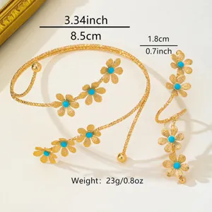 Conjunto de joyas de pulsera de brazalete ajustable de flor dorada bohemia con turquesas.