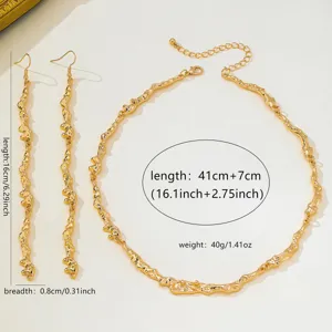 Gold irregular molten texture metal necklace and long dangle earrings fashion jewelry set.