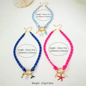 Colorful rope necklace set with beach ocean theme starfish and fish pendants for women.