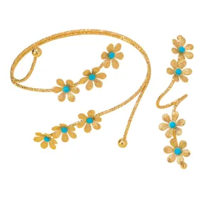 Conjunto de brazalete y pulsera floral dorada de estilo boho con centros de piedra azul.