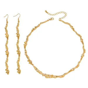Gold molten texture irregular metal necklace and earrings set for trendy women jewelry main view