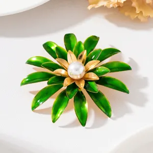 Magnifique grande broche fleur en émail multicouche avec fausse perle pour femmes
