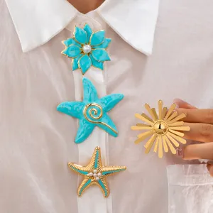 Summer dopamine colorful enamel flower and starfish brooch fashion vacation jewelry set.