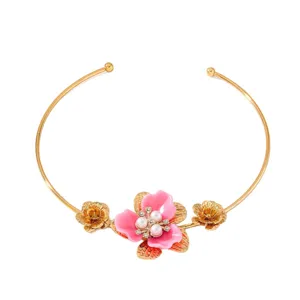 French gentle style 3D floral pearl choker necklace, elegant pink enamel flower design.