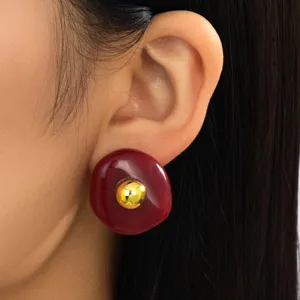 Französische Ohrringe rote Harz runder Ohrstecker mit goldener Kugel für Damen Alltag.