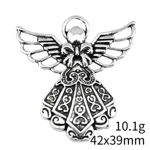 Pendentif ange vintage en alliage DIY charm accessoire bijoux, style argent rétro, 42x39mm, 10.1g.