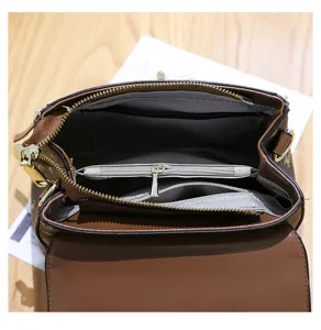 Women brown shoulder handbag interior zipper pocket detail view stylish casual crossbody bag