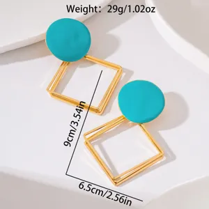 Émail turquoise rond géométrique multicouche métal diamant longues boucles d'oreilles détail