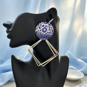 Boucles d'oreilles longues en métal diamant multicouche géométrique rond en porcelaine