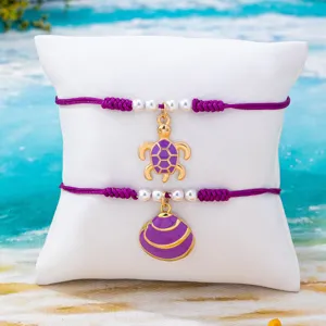 Set di cavigliere intrecciate fatte a mano stile oceano estivo con pendenti tartaruga e conchiglia