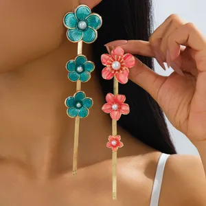 Pastoral Enamel Flower Tassel Earrings Stainless Steel Post Artificial Pearl Linear Dangle Earrings For Women Jewelry