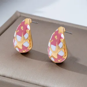 Pendientes de gota irregular de esmalte rosa blanco borde dorado estilo dulce joyería moda.