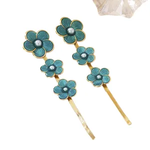 Elegant teal enamel flower long dangle earrings with faux pearls and gold-tone finish for women