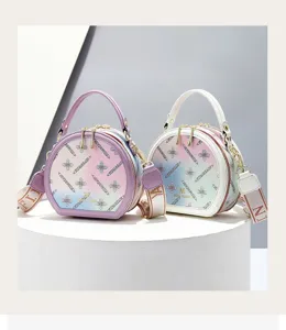 Sweet gradient print round handbag detail, stylish women's mini crossbody shoulder bag.