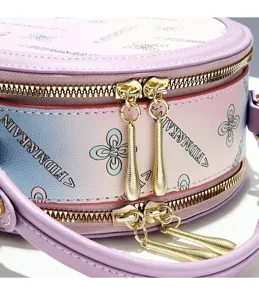 Sweet gradient print round handbag detail, women fashion shoulder crossbody mini bag zipper view.
