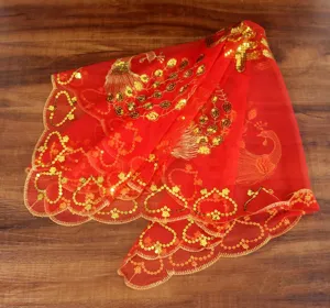 Traditional Chinese red bridal head veil with gold sequin peacock embroidery detail view.