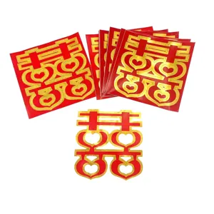 Wedding gold foil double happiness stickers, red heart adhesive decals for home and stair decor.