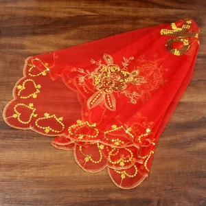 Red bridal veil sequin embroidery Chinese wedding head cover detail close up red net yarn