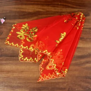 Red Chinese wedding veil with gold sequin double happiness embroidery for traditional bride.