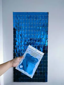Blue square foil fringe curtain for birthday party wedding background wall decor.