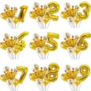 Ensemble de Ballons Numéro Couronne Dorée Pour Décoration de Fête d'Anniversaire Enfants Ballons en Latex et Aluminium Métallique