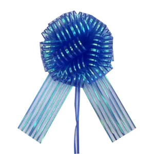 Detail shot of the blue organza pull bow showing its shimmering striped texture and layered design.