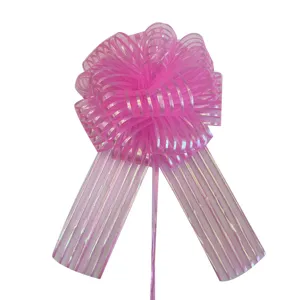 Pink striped mesh pull bow for gift wrapping and holiday decoration, delicate and shiny.