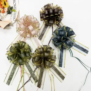 Large Snow Yarn Pull Bows Wood Grain Pattern Gold Edge 3D Flower Ribbons For Christmas Festival Gift Wrapping Decoration