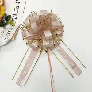 Large pink mesh pull bow with gold edge for gift packaging, Christmas decoration wrap