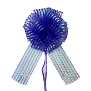 Close-up detail of dark blue iridescent organza gift pull bow for holiday decoration.