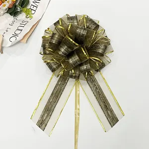 Large snow yarn gift wrapping ribbon bow with gold edge for Christmas party decoration basket wrap.