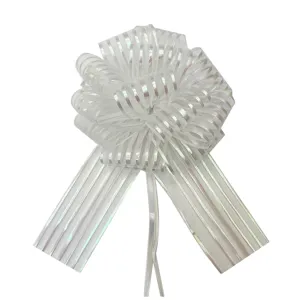 White organza pull bow detail shot, showing the delicate striped iridescent ribbon texture.