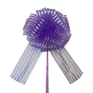 Purple organza pull bow ribbon for gift wrapping, Christmas and party decoration packaging.