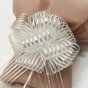 Organza pull bow ribbon detail, white iridescent gift wrapping bow for Christmas decorations.