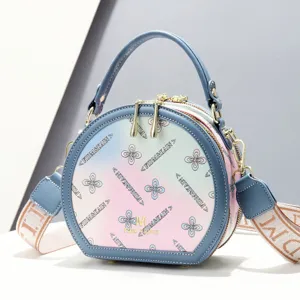 Sweet gradient print round handbag, stylish women's commuter shoulder crossbody mini bag.