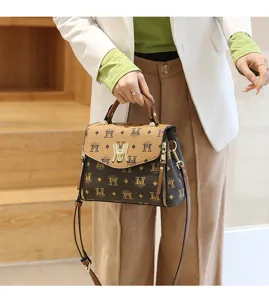 Fashion printed leather shoulder bag with top handle and crossbody strap for women detail