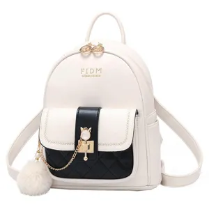 Sac à dos tendance pour femme en cuir PU bicolore élégant cartable chic avec pompon blanc