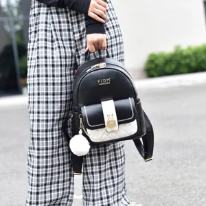 Sac à dos femme tendance noir et blanc en cuir PU élégant sac d'école quotidien