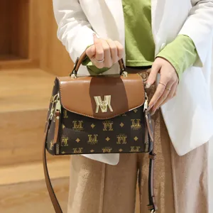 Stylish women monogram shoulder handbag, trendy PU leather crossbody top-handle bag for daily use.